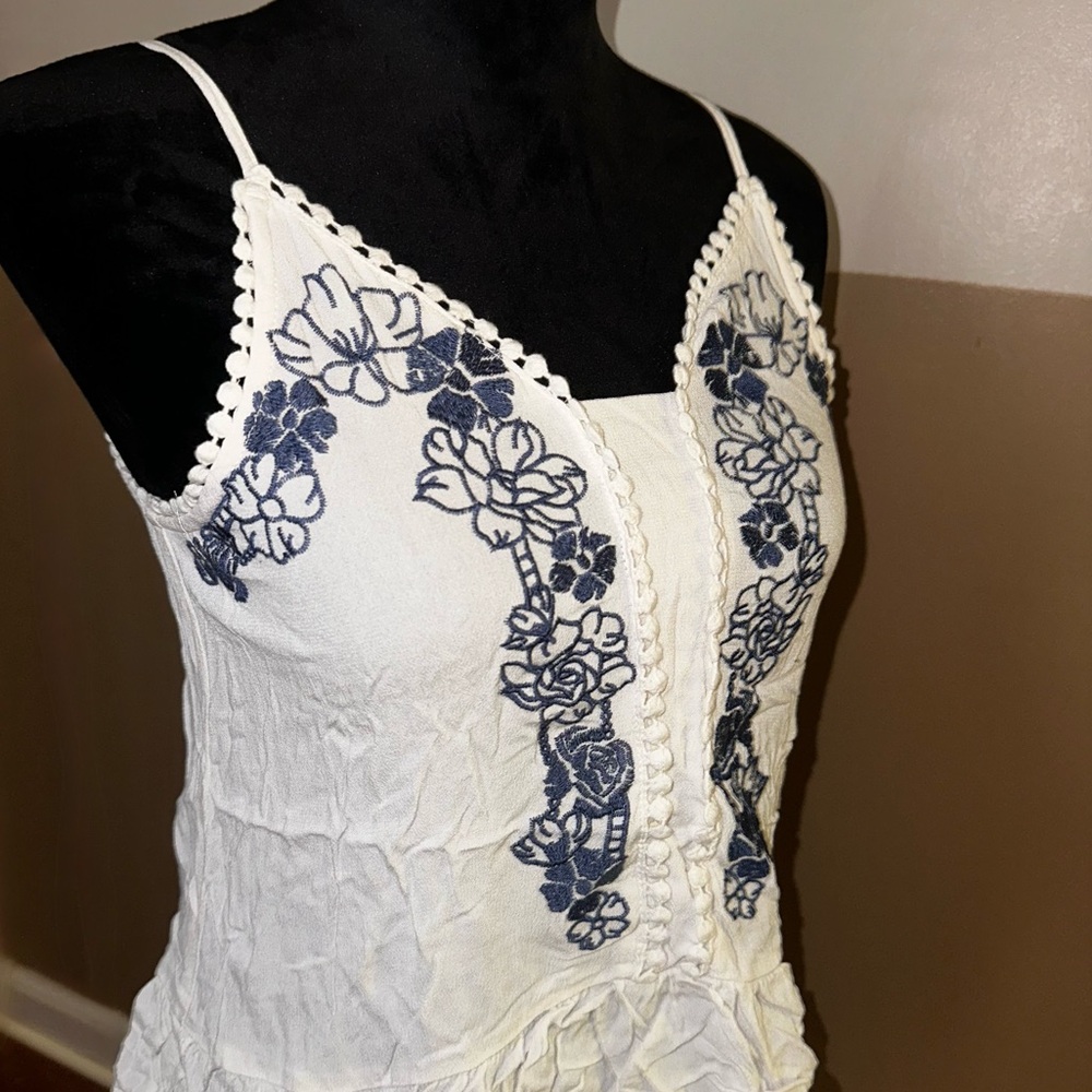 White and Blue Floral Embroidered Women's Top